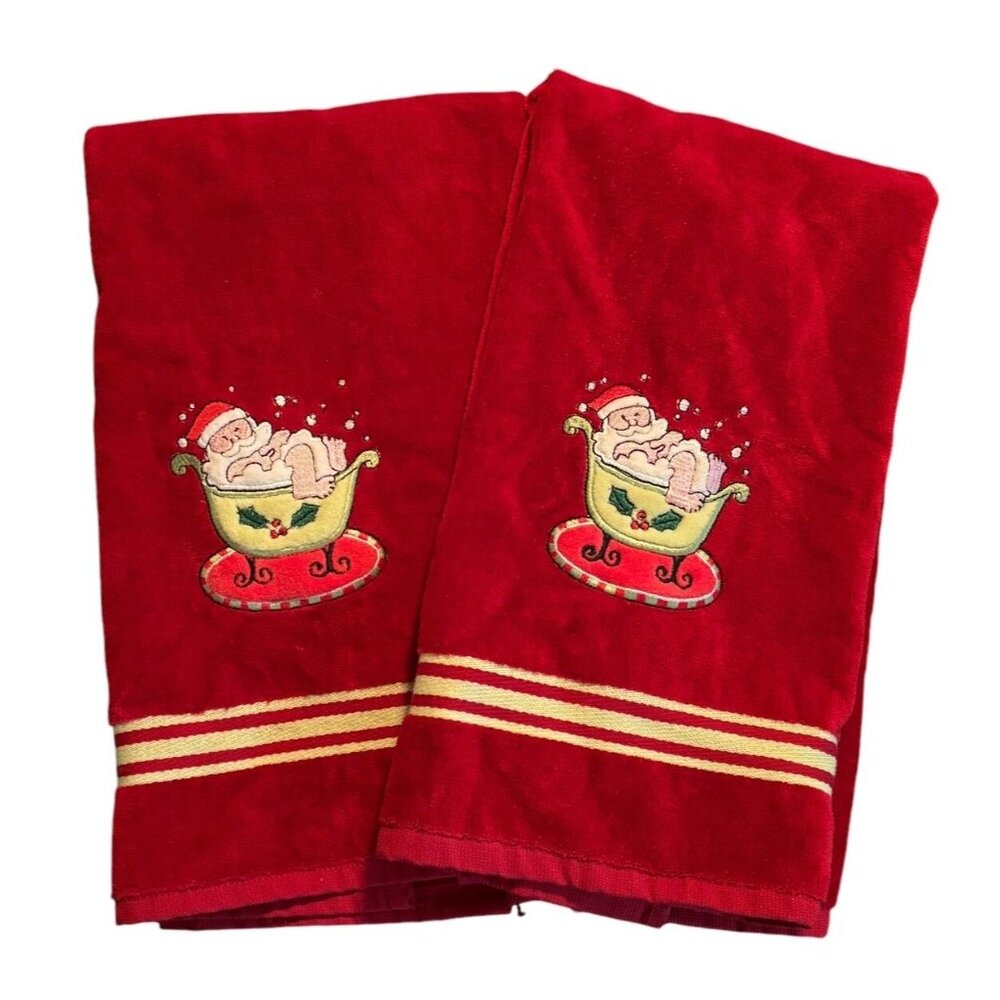 Set 2 Ritz Hand Bathroom Towels 100% Cotton Soft Embroidered Santa In Bathtub